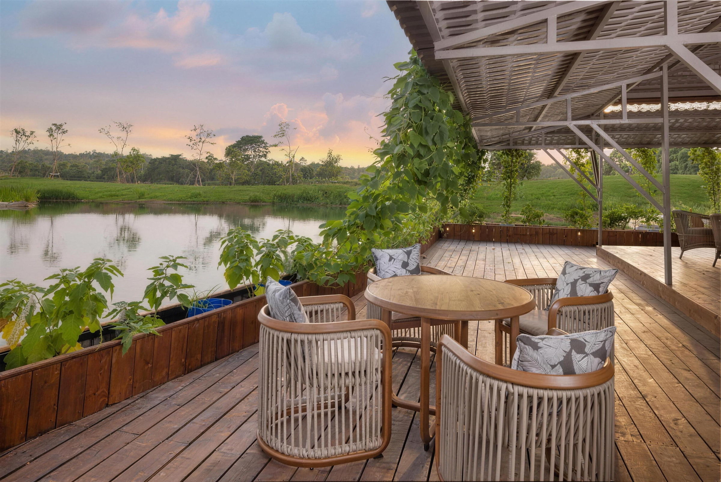 A deck lounge over the water