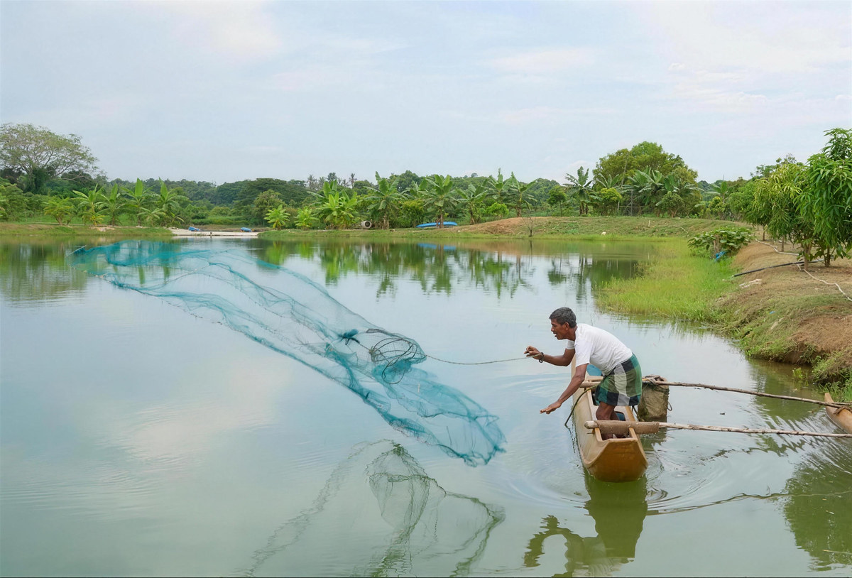 A fisherman casting a net from a small boat on the lake